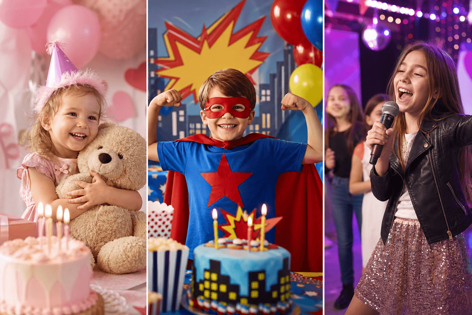 Drei Geburtstagsszenen für unterschiedliche Altersgruppen: Kleinkind mit Teddybär, Schulkind mit Superhelden-Dekoration und älteres Kind mit Karaoke-Mikrofon