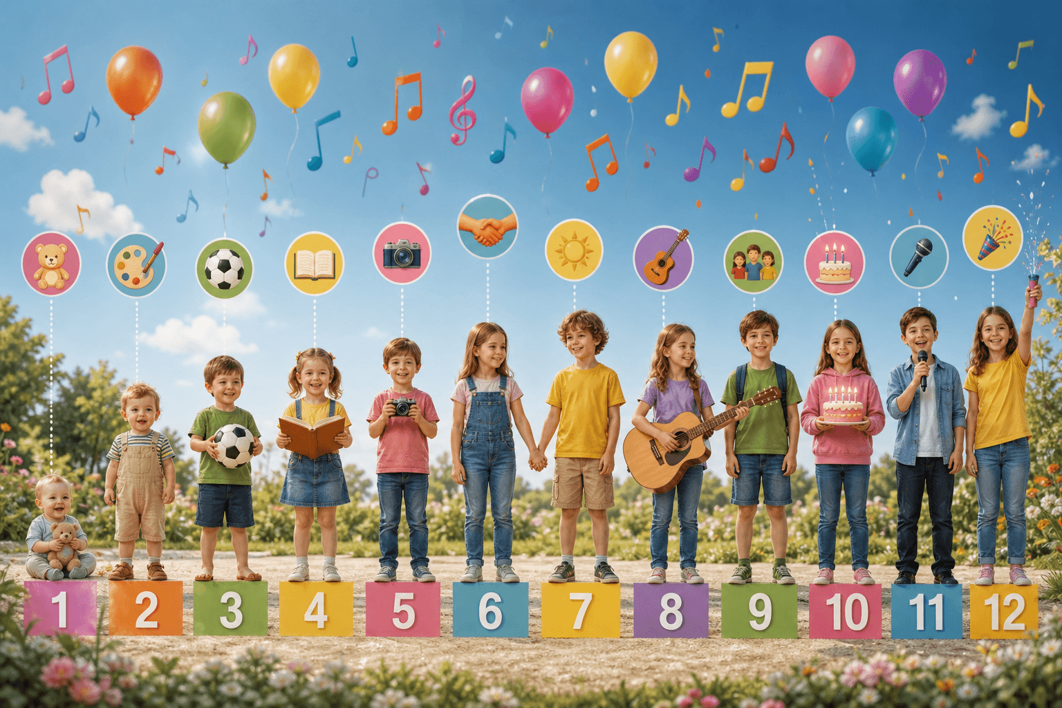 Bunte Übersicht für die Altersstufen eins bis zwölf mit Musiknoten, Ballons und kindgerechten Symbolen