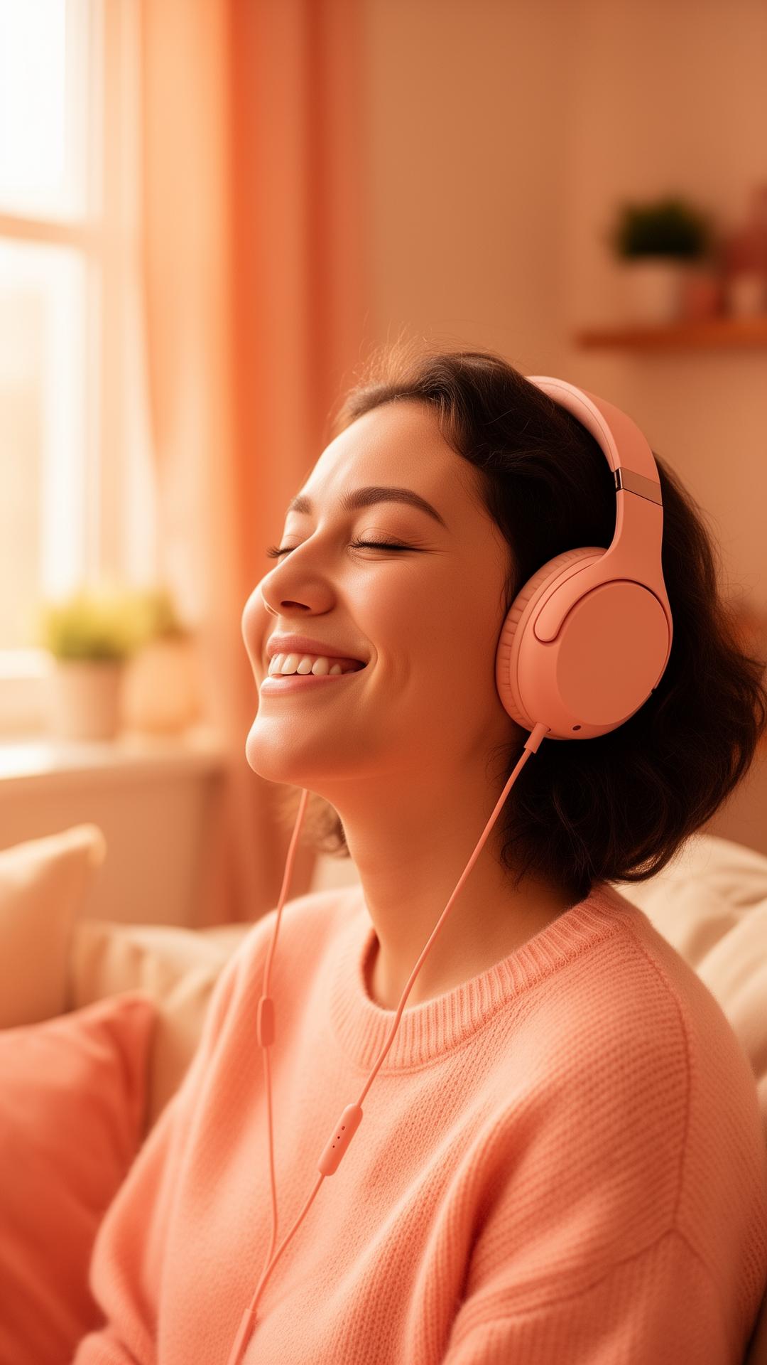 Frau mit Kopfhörern hört emotional ihren persönlichen Wunsch-Song
